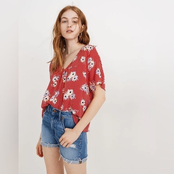 Madewell Women’s Red Striped Floral Daisy Society Swing Rhyme Blouse Size L - Picture 1 of 17